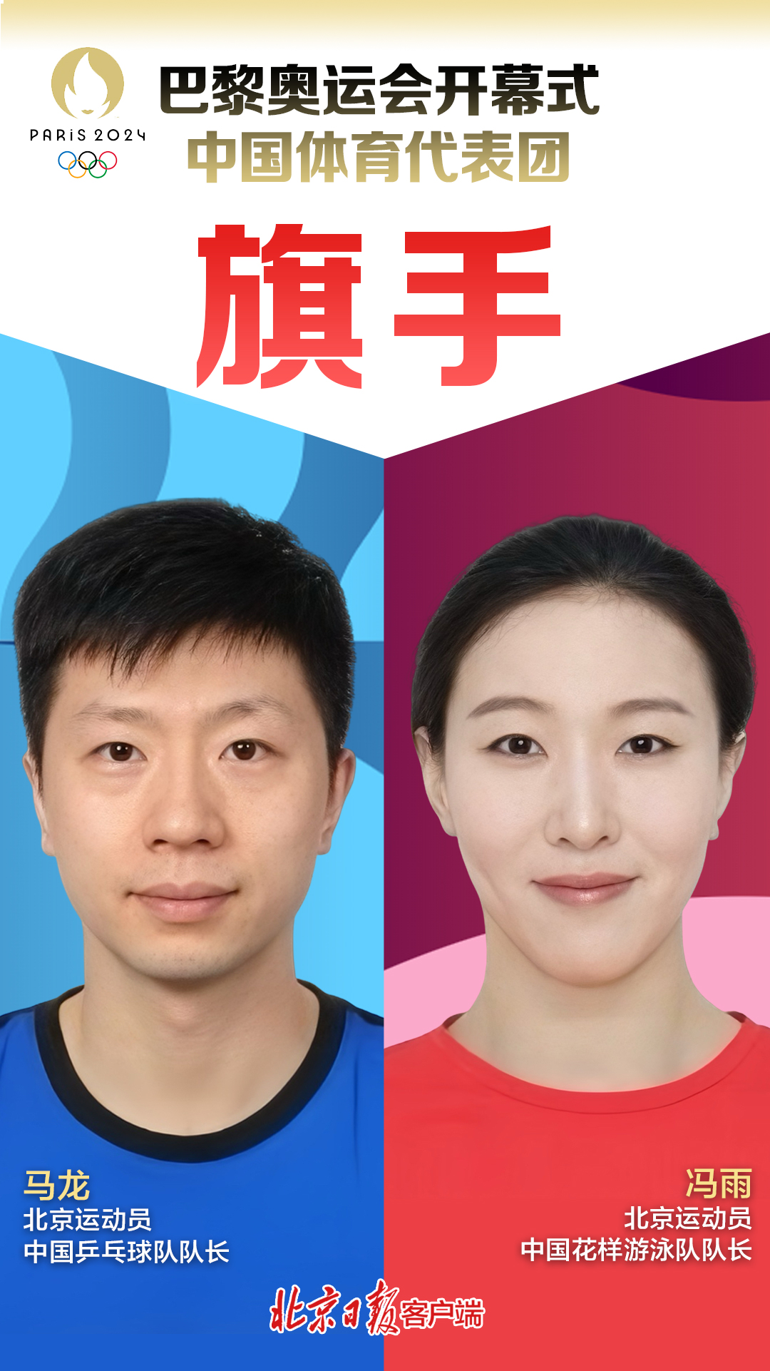 官宣！北京运动员马龙、冯雨，中国体育代表团旗手！