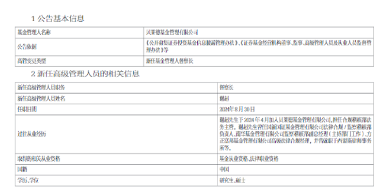 贝莱德基金新任谢超为督察长 曾任方正富邦基金法律合规经理  第1张